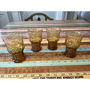 Vintage Libbey Amber Brown Country Garden Daisy Juice Glasses Tumblers Set Of 4